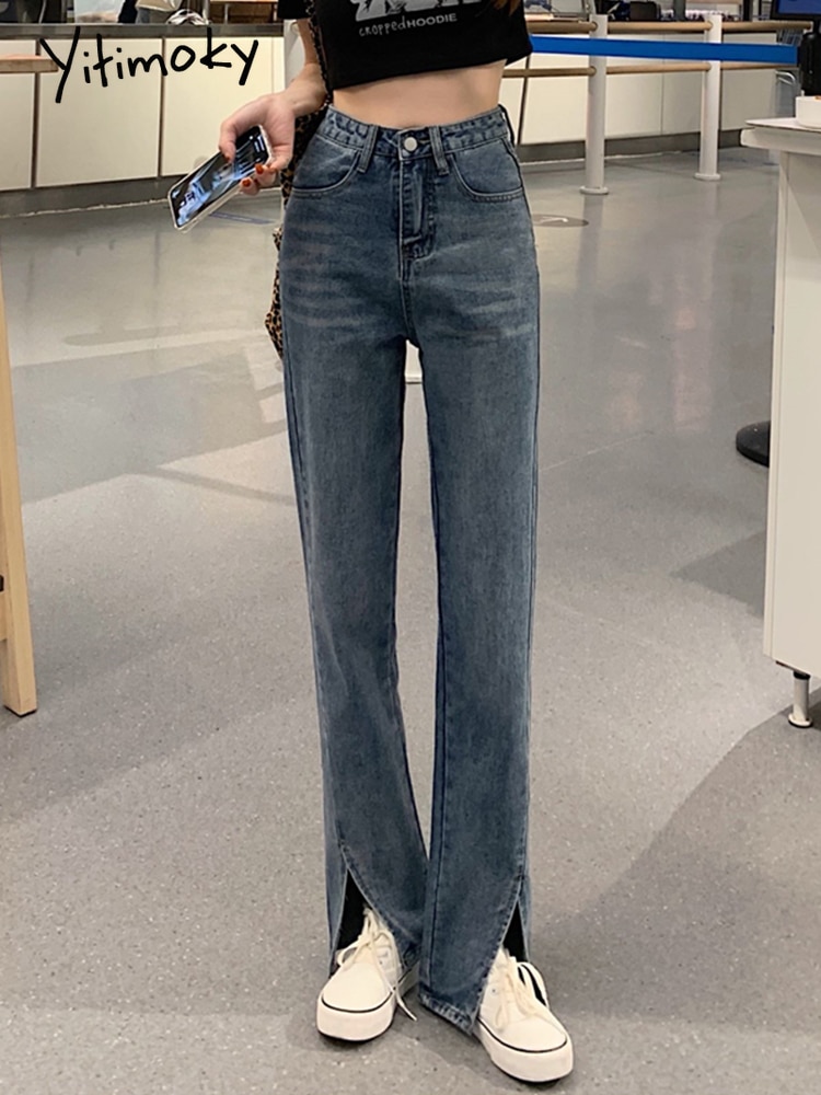 Yitimoky Women Jeans High Waist Design Baggy Straight Slit Pants Street Vintage Female Casual Denim Wide Leg Trouser